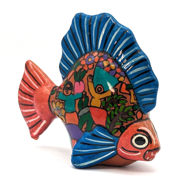 Mexican Isidoro Talavera Fish Folk Art Hand Painted Multicolored Mythology Scene - Picture 4 of 12